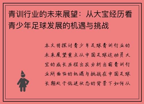 青训行业的未来展望：从大宝经历看青少年足球发展的机遇与挑战