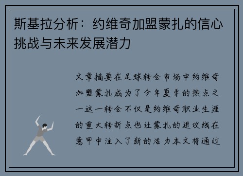 斯基拉分析：约维奇加盟蒙扎的信心挑战与未来发展潜力